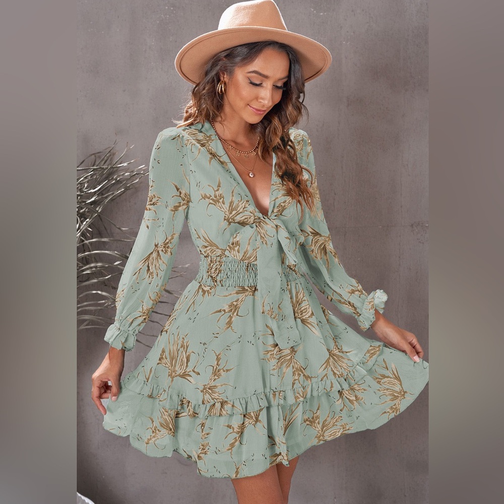 Mint Floral Print Long Sleeve Dress
